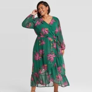 AVA & VIV Green Floral Ruffle Hem Maxi Dress Wedding Plus Size 1X